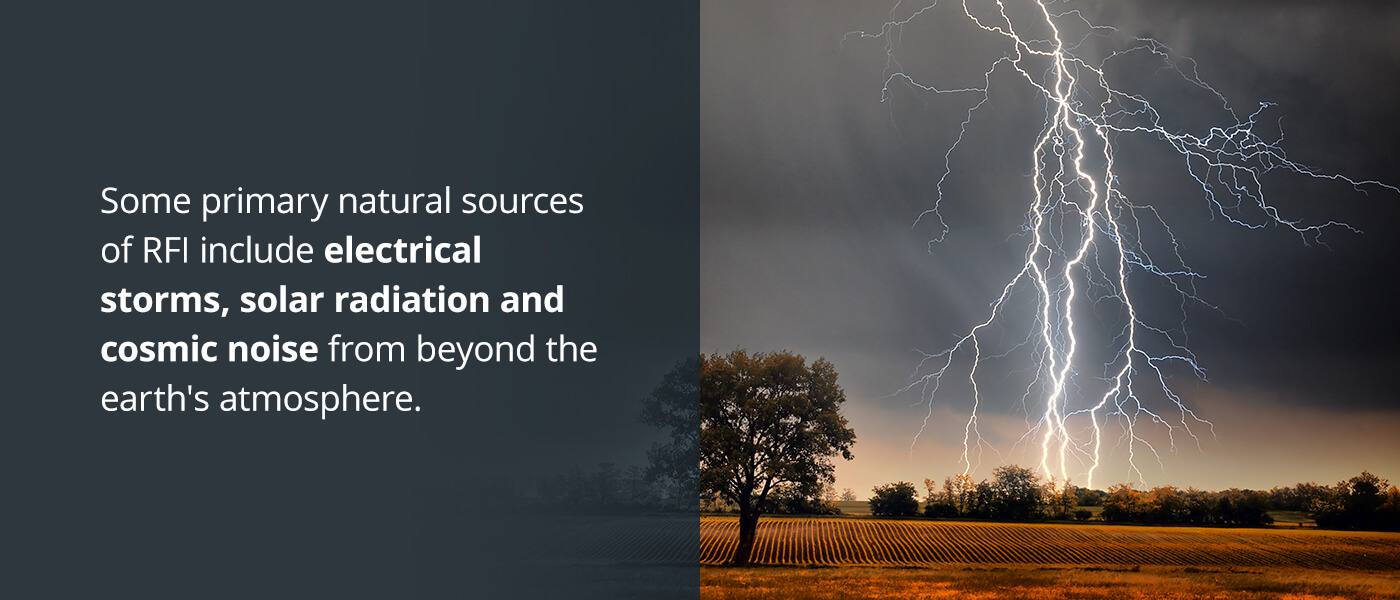 primary natural sources of RFI include electrical storms, solar radiation and cosmic noise