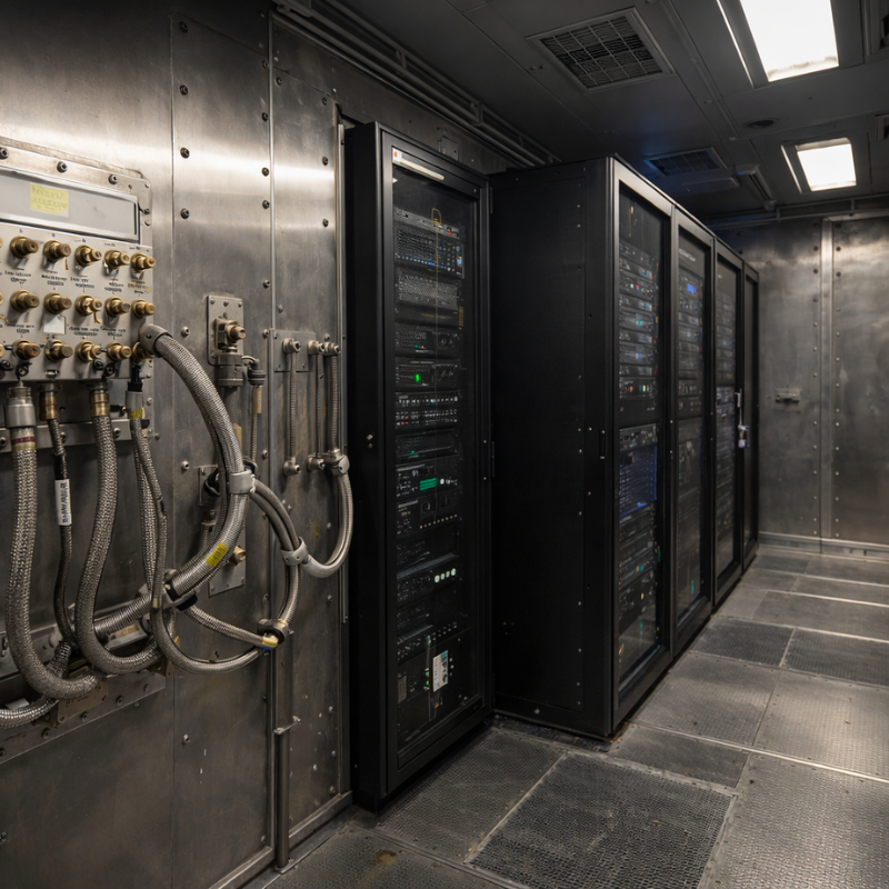 A shielded room power-entry penetration with a visible EMI filter installed